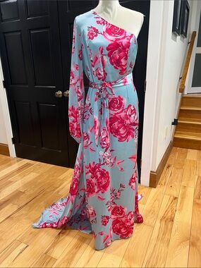 One-Shoulder Floral Maxi Dress in Blue and Pink
